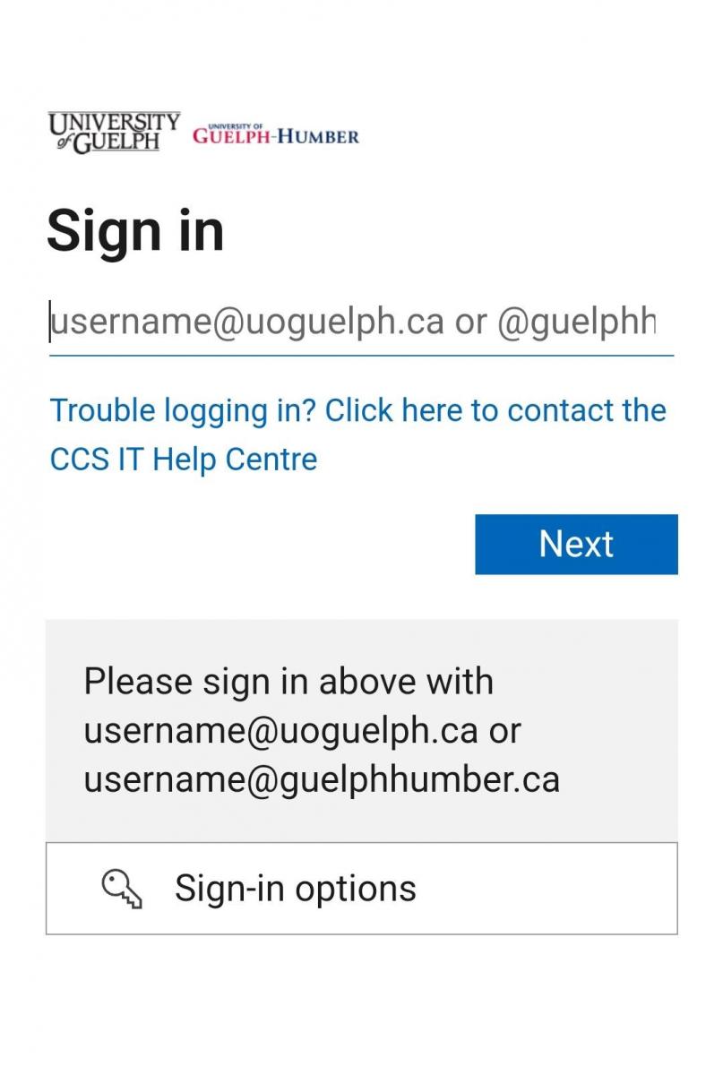 University of Guelph and Guelph-Humber sign-in page asking users to enter their email (username@uoguelph.ca or username@guelphhumber.ca) with options for help and alternative sign-in methods